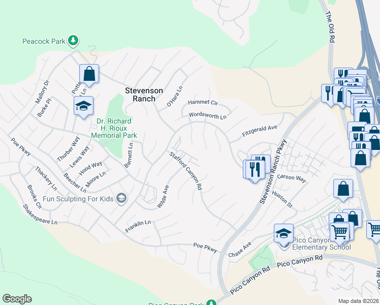 map of restaurants, bars, coffee shops, grocery stores, and more near 25949 Stafford Canyon Road in Stevenson Ranch