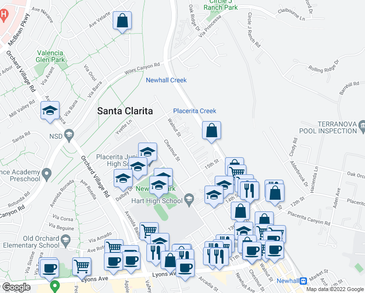 map of restaurants, bars, coffee shops, grocery stores, and more near 24979 Walnut Street in Santa Clarita