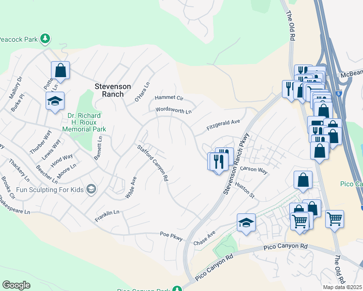 map of restaurants, bars, coffee shops, grocery stores, and more near 25803 Anderson Lane in Stevenson Ranch
