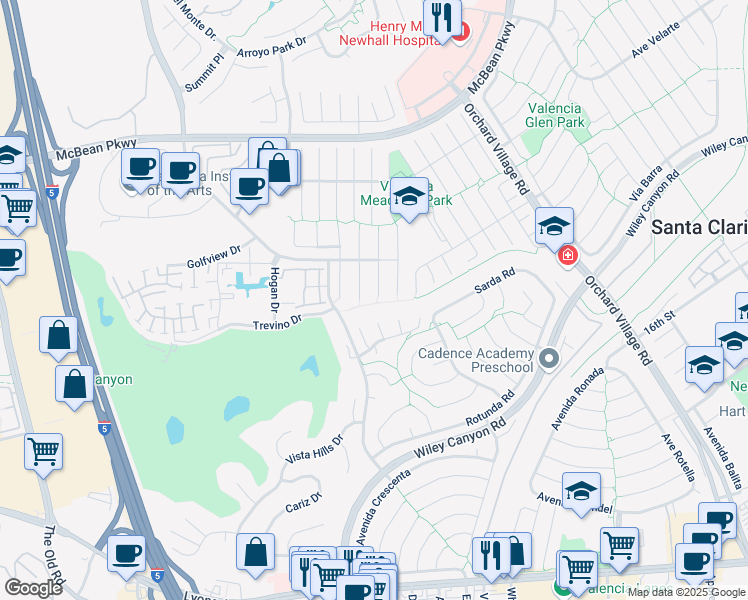 map of restaurants, bars, coffee shops, grocery stores, and more near 25655 Yucca Valley Road in Santa Clarita