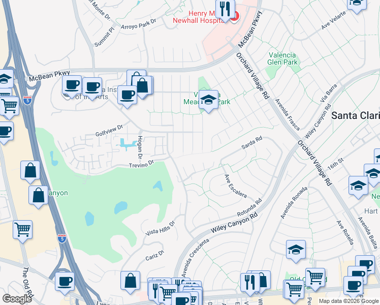 map of restaurants, bars, coffee shops, grocery stores, and more near 25655 Yucca Valley Road in Santa Clarita