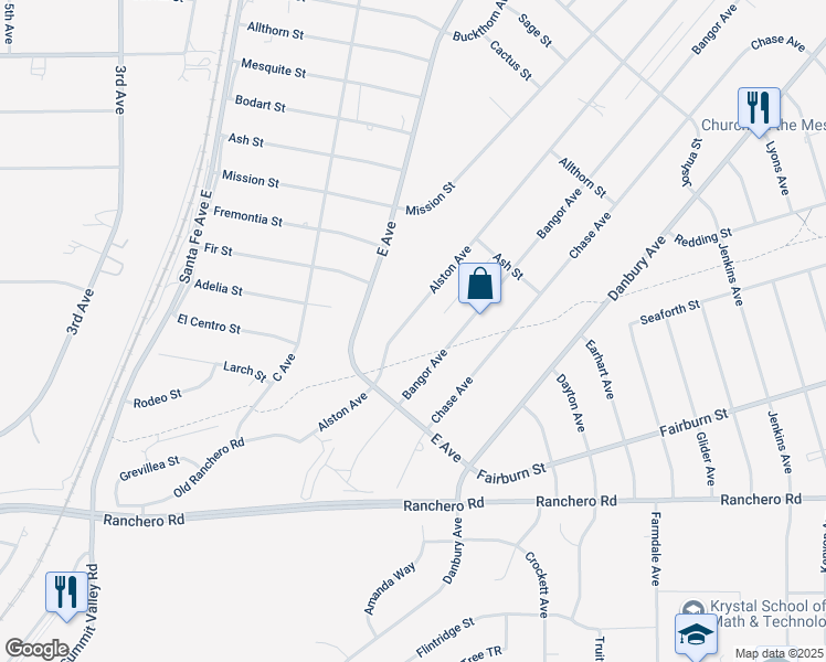 map of restaurants, bars, coffee shops, grocery stores, and more near 7621 Alston Avenue in Hesperia
