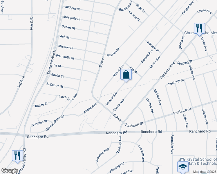 map of restaurants, bars, coffee shops, grocery stores, and more near 7599 Alston Avenue in Hesperia