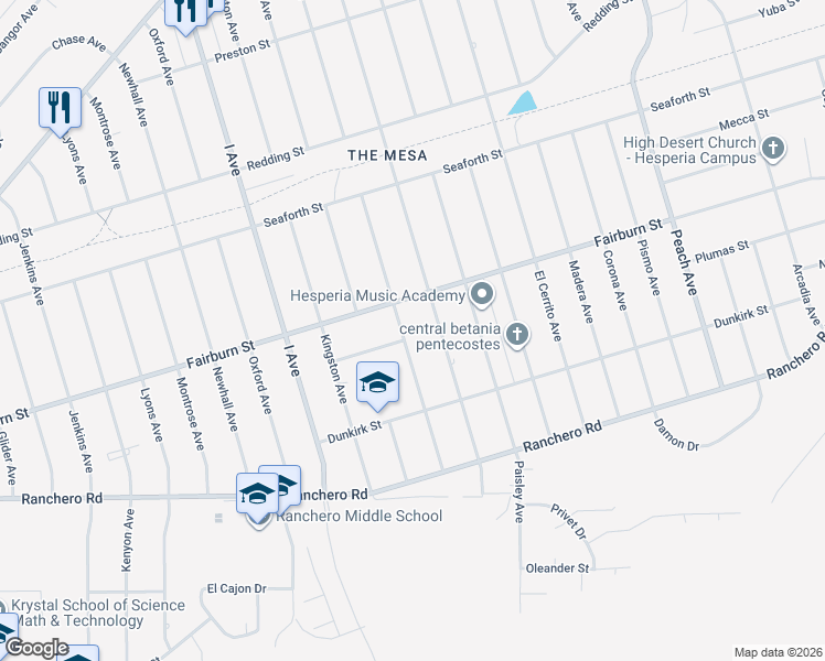 map of restaurants, bars, coffee shops, grocery stores, and more near 7598 Windsor Avenue in Hesperia