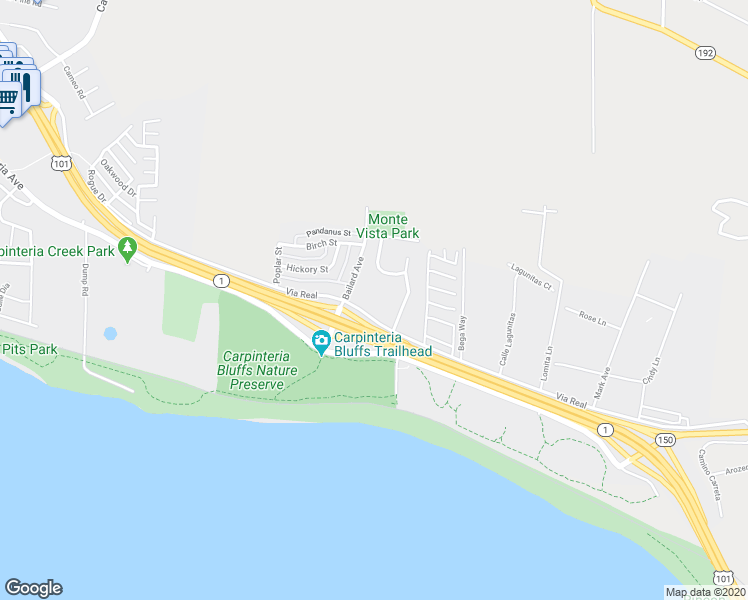 map of restaurants, bars, coffee shops, grocery stores, and more near 1025 Palmetto Way in Carpinteria