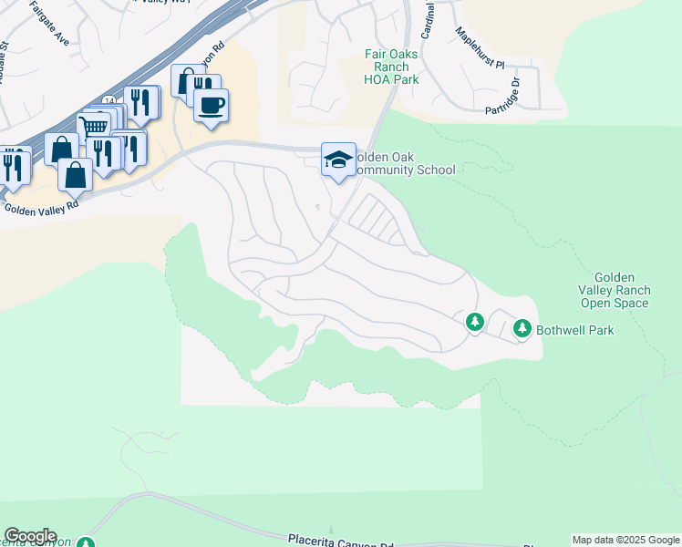map of restaurants, bars, coffee shops, grocery stores, and more near 18779 Big Cedar Drive in Santa Clarita