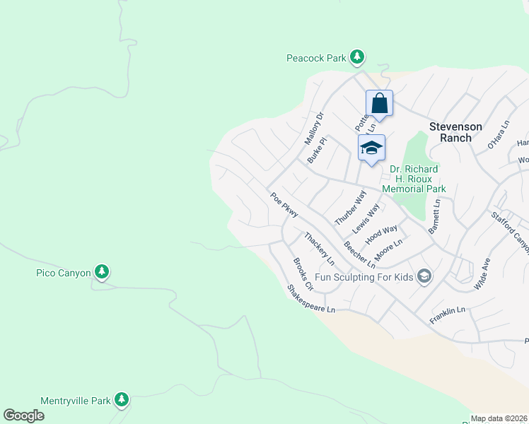map of restaurants, bars, coffee shops, grocery stores, and more near 26717 Wyatt Lane in Stevenson Ranch