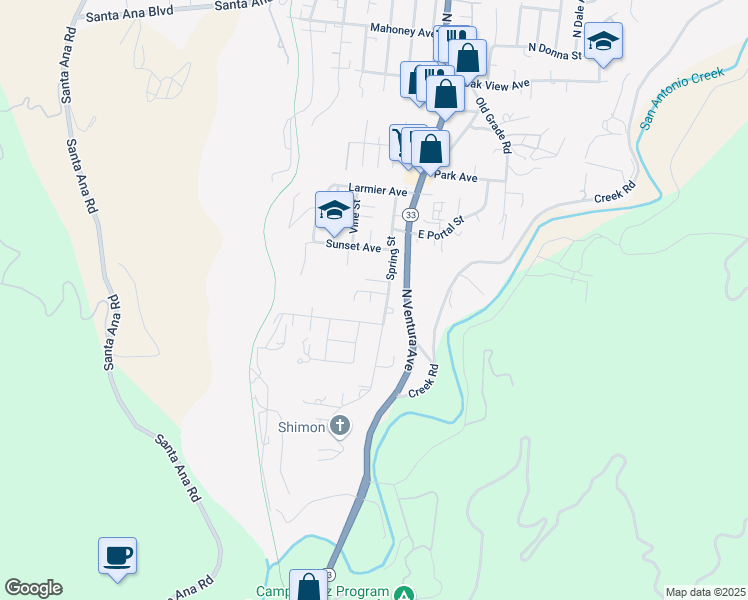 map of restaurants, bars, coffee shops, grocery stores, and more near 810 Ring Street in Oak View