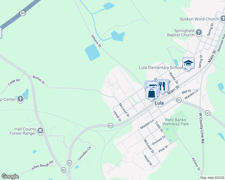 map of restaurants, bars, coffee shops, grocery stores, and more near 5914 Belton Manor Drive in Lula