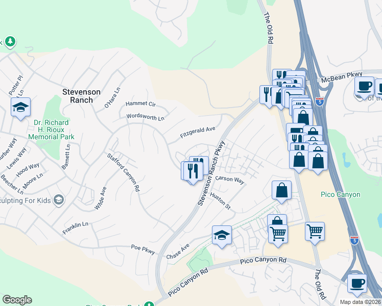 map of restaurants, bars, coffee shops, grocery stores, and more near 25736 Perlman Place in Stevenson Ranch