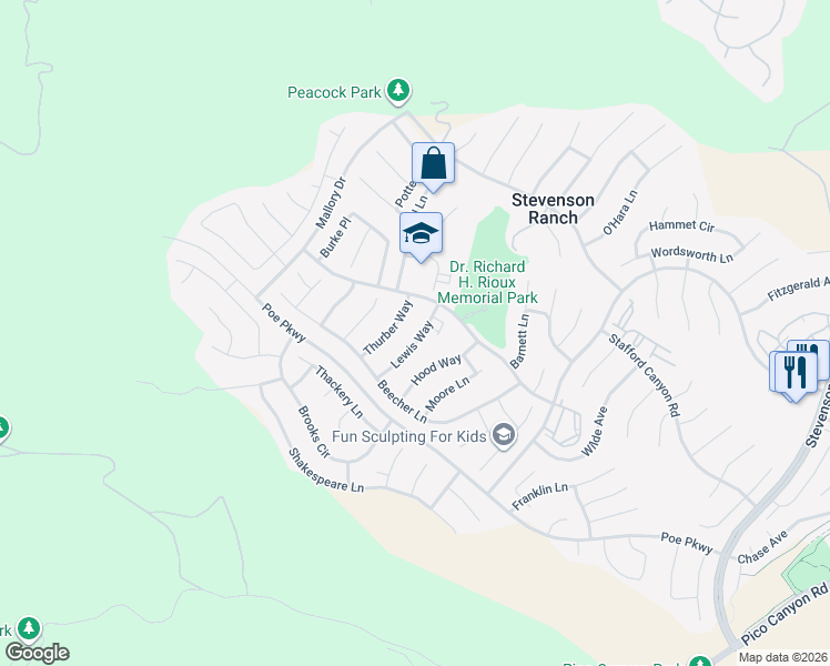 map of restaurants, bars, coffee shops, grocery stores, and more near 25713 Lewis Way in Stevenson Ranch