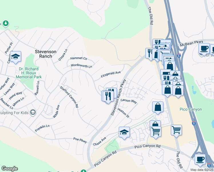 map of restaurants, bars, coffee shops, grocery stores, and more near 25736 Perlman Place in Stevenson Ranch