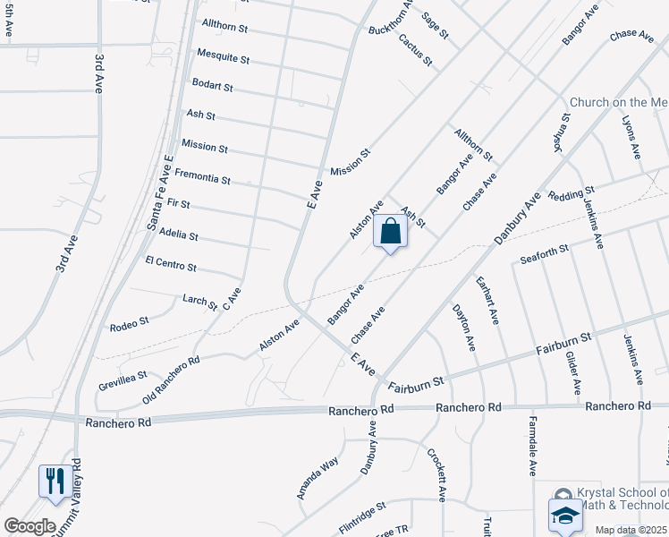 map of restaurants, bars, coffee shops, grocery stores, and more near 7621 Alston Avenue in Hesperia