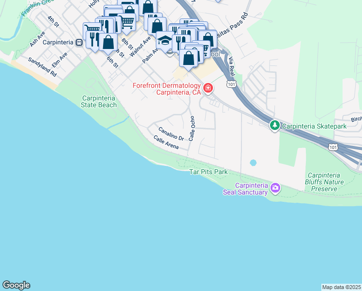 map of restaurants, bars, coffee shops, grocery stores, and more near 5588 Calle Arena in Carpinteria