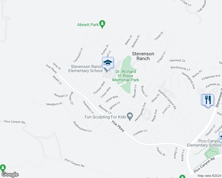 map of restaurants, bars, coffee shops, grocery stores, and more near 25724 Lewis Way in Stevenson Ranch