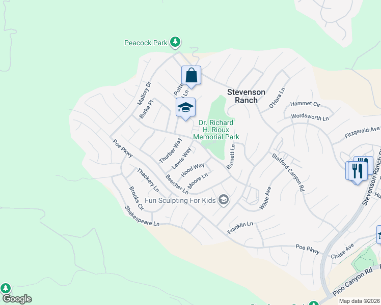 map of restaurants, bars, coffee shops, grocery stores, and more near 25724 Lewis Way in Stevenson Ranch