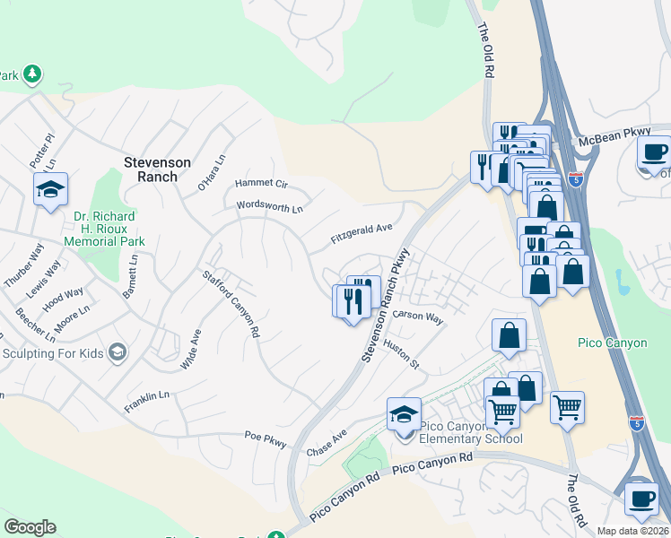 map of restaurants, bars, coffee shops, grocery stores, and more near 25531 Schubert Circle in Stevenson Ranch