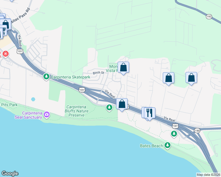 map of restaurants, bars, coffee shops, grocery stores, and more near 1025 Palmetto Way in Carpinteria