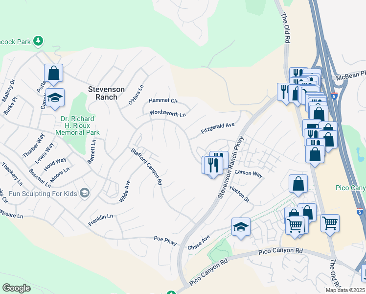 map of restaurants, bars, coffee shops, grocery stores, and more near 25808 Anderson Lane in Stevenson Ranch