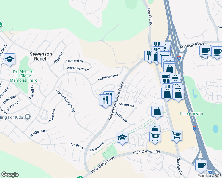 map of restaurants, bars, coffee shops, grocery stores, and more near 25715 Wagner Way in Stevenson Ranch