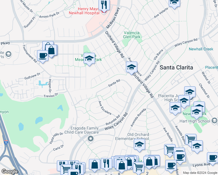 map of restaurants, bars, coffee shops, grocery stores, and more near 23900 Sarda Road in Santa Clarita