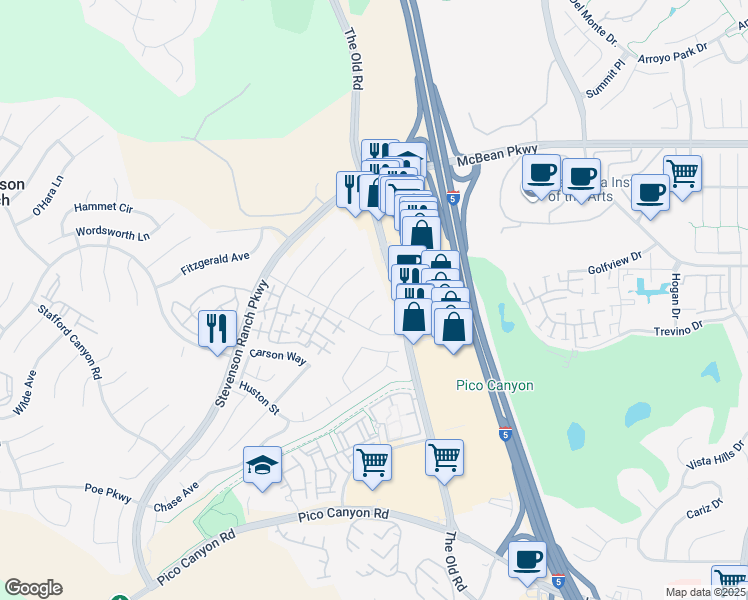 map of restaurants, bars, coffee shops, grocery stores, and more near 25726 Emerson Lane in Stevenson Ranch