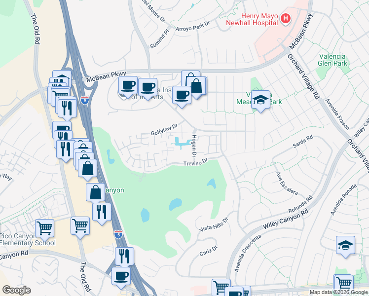 map of restaurants, bars, coffee shops, grocery stores, and more near 24525 Trevino Drive in Santa Clarita