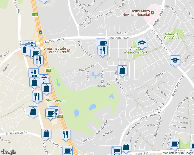 map of restaurants, bars, coffee shops, grocery stores, and more near 25725 Hogan Drive in Santa Clarita