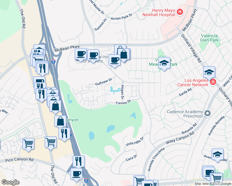 map of restaurants, bars, coffee shops, grocery stores, and more near 25730 Player Drive in Santa Clarita