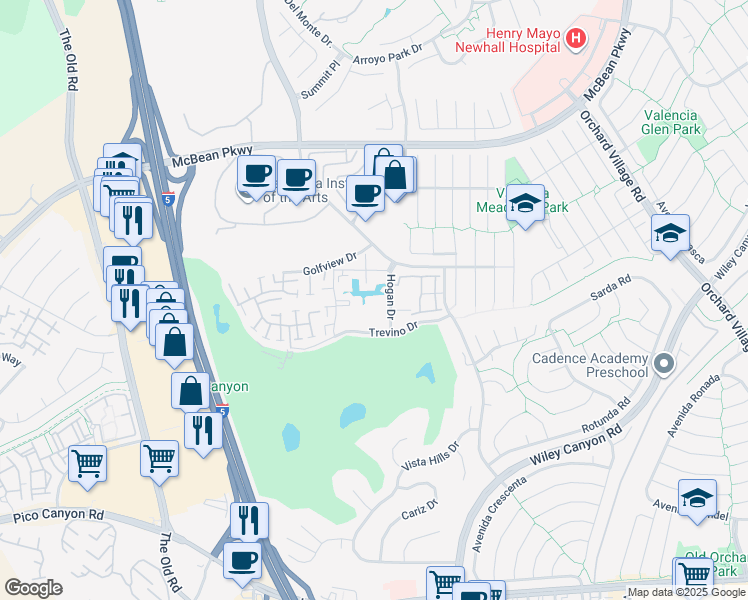 map of restaurants, bars, coffee shops, grocery stores, and more near 25725 Hogan Drive in Santa Clarita