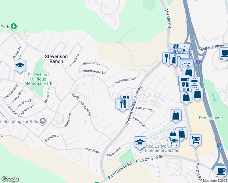 map of restaurants, bars, coffee shops, grocery stores, and more near 25531 Schubert Circle in Stevenson Ranch