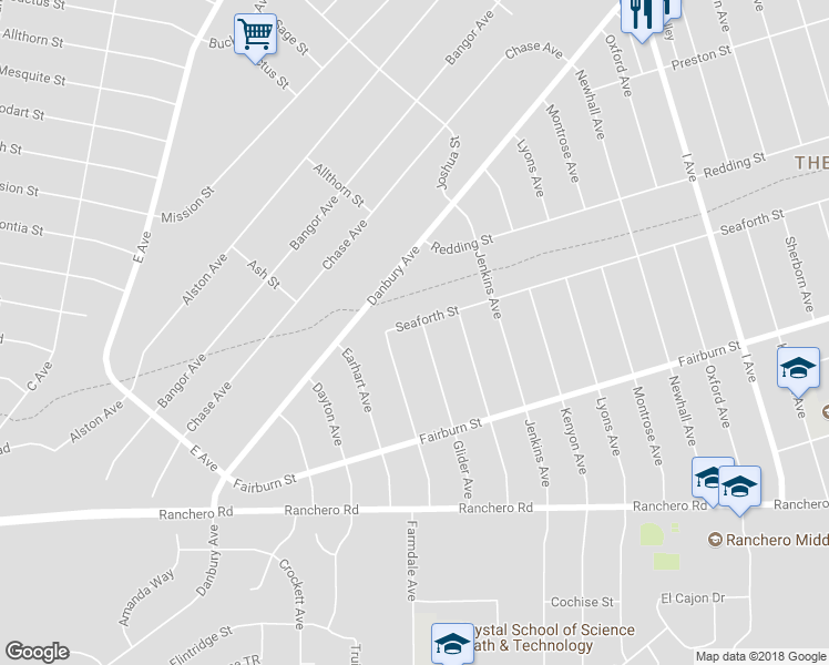 map of restaurants, bars, coffee shops, grocery stores, and more near 7610 Glider Avenue in Hesperia