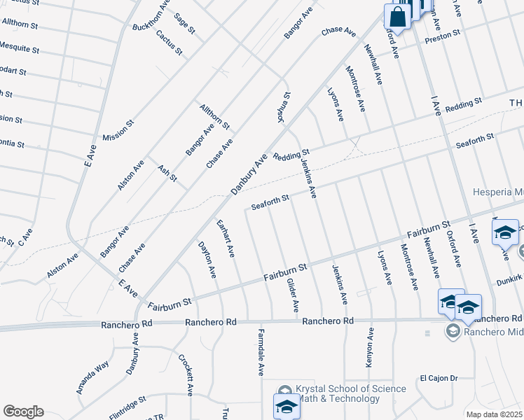 map of restaurants, bars, coffee shops, grocery stores, and more near 7610 Glider Avenue in Hesperia