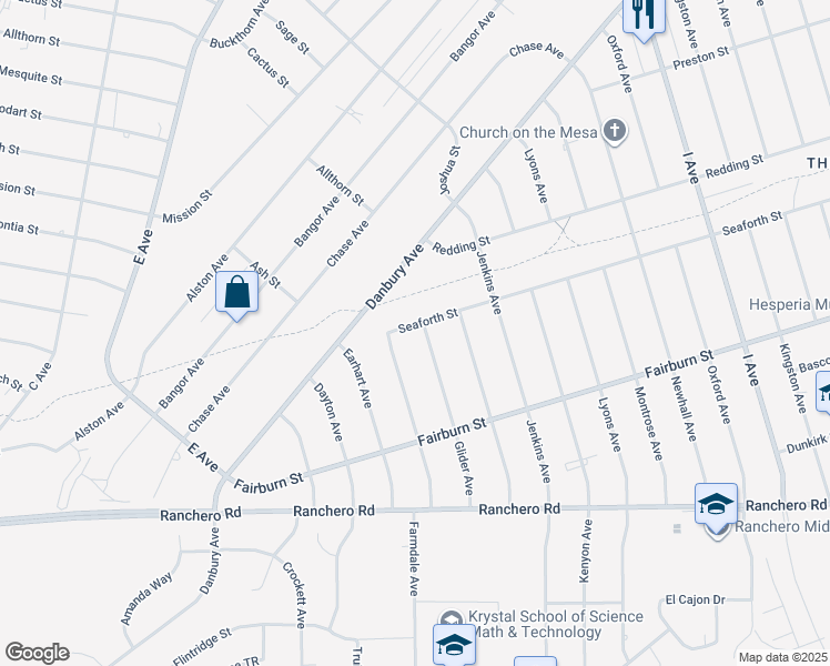 map of restaurants, bars, coffee shops, grocery stores, and more near 7610 Glider Avenue in Hesperia