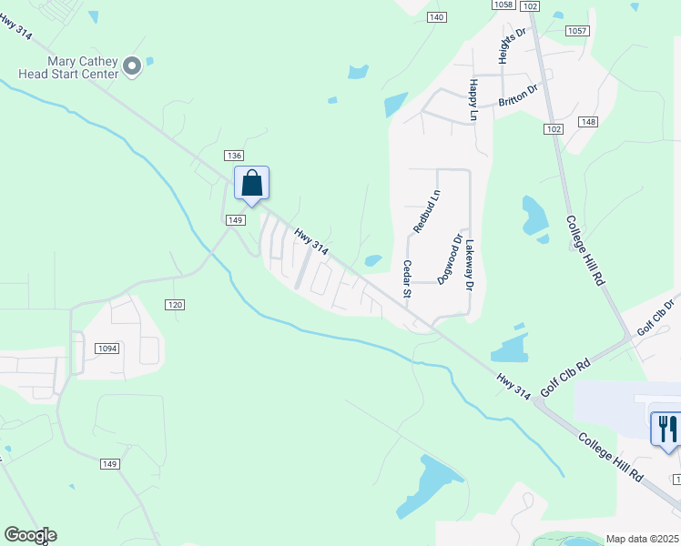 map of restaurants, bars, coffee shops, grocery stores, and more near 104 Creekwood Drive in Oxford