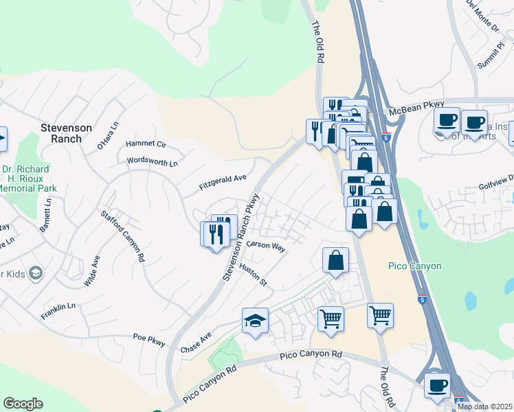 map of restaurants, bars, coffee shops, grocery stores, and more near 25256 Steinbeck Avenue in Stevenson Ranch