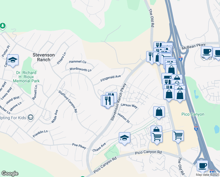 map of restaurants, bars, coffee shops, grocery stores, and more near 25748 Perlman Place in Stevenson Ranch