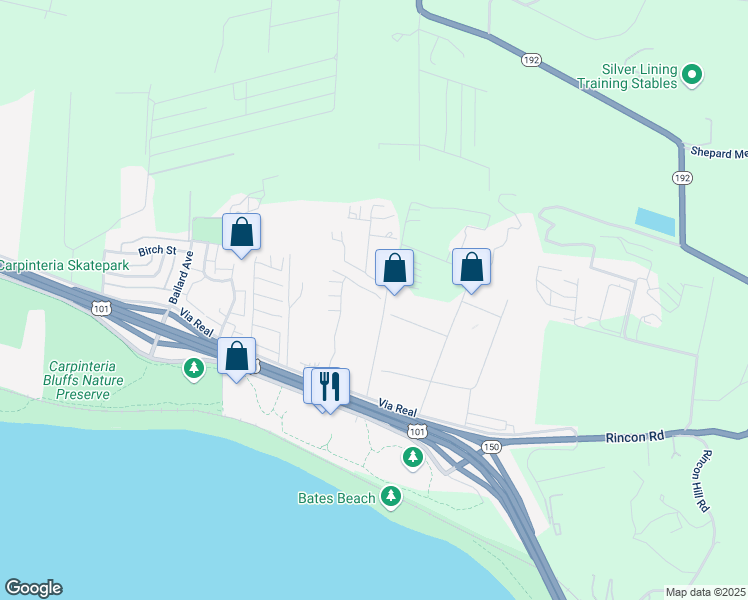 map of restaurants, bars, coffee shops, grocery stores, and more near 6399 Lagunitas Court in Carpinteria