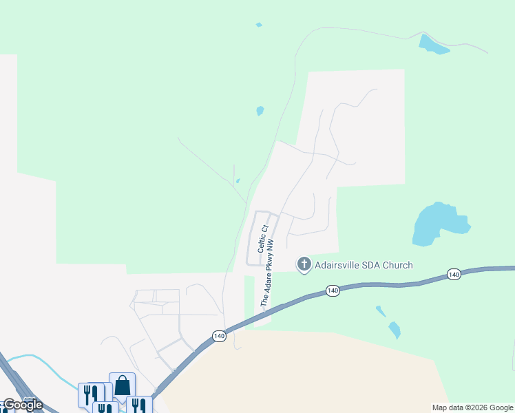 map of restaurants, bars, coffee shops, grocery stores, and more near 86 Castlemoor Loop in Adairsville