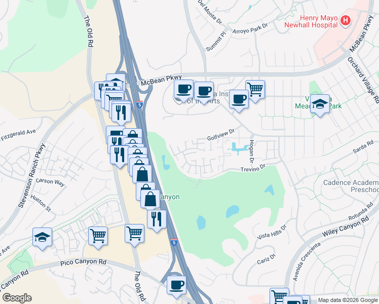map of restaurants, bars, coffee shops, grocery stores, and more near 24769 Masters Cup Way in Santa Clarita