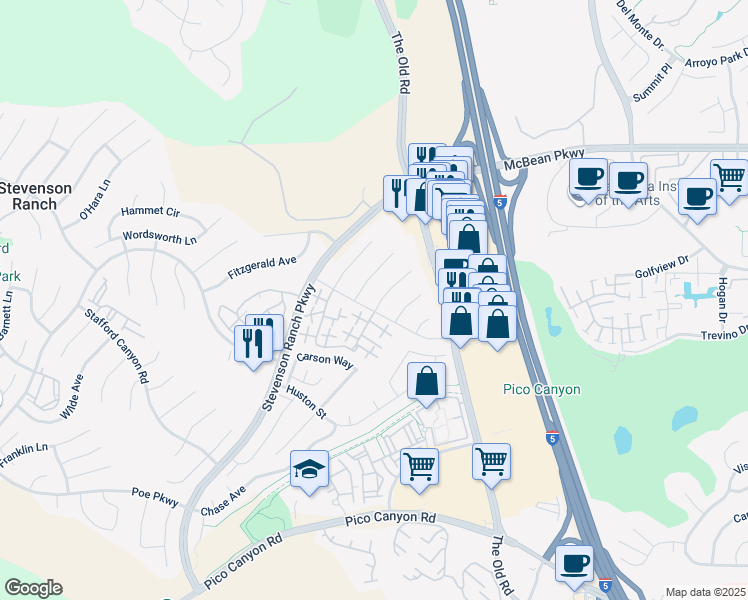 map of restaurants, bars, coffee shops, grocery stores, and more near 25805 Dickens Court in Stevenson Ranch
