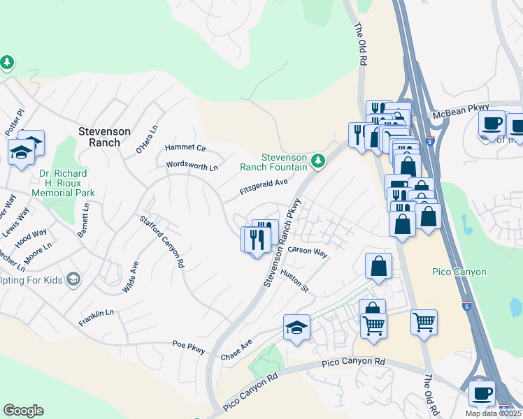 map of restaurants, bars, coffee shops, grocery stores, and more near 25715 Wagner Way in Stevenson Ranch