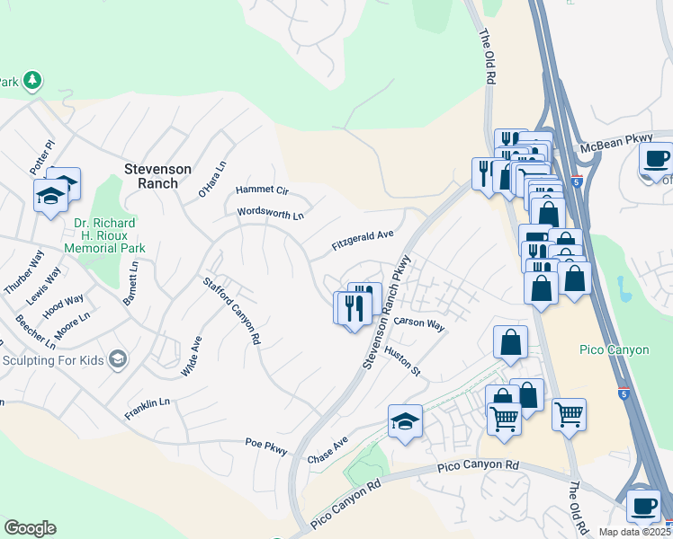 map of restaurants, bars, coffee shops, grocery stores, and more near 25531 Schubert Circle in Stevenson Ranch