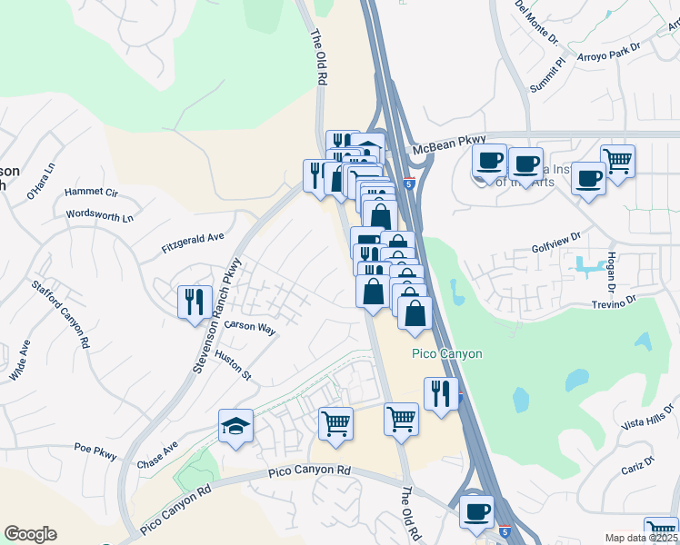 map of restaurants, bars, coffee shops, grocery stores, and more near 25726 Emerson Lane in Stevenson Ranch