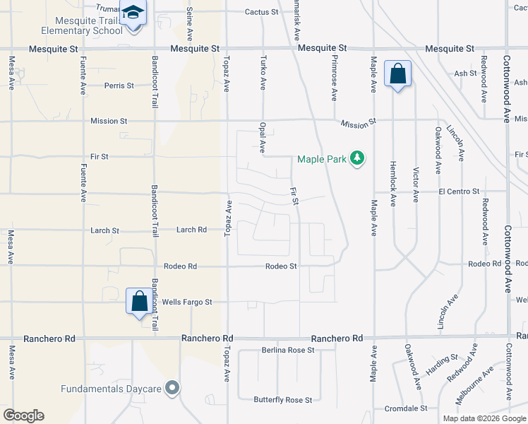 map of restaurants, bars, coffee shops, grocery stores, and more near Notre Dame Street in Hesperia