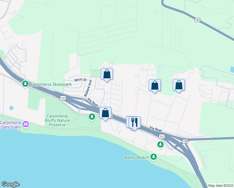 map of restaurants, bars, coffee shops, grocery stores, and more near 6180 Via Real in Carpinteria