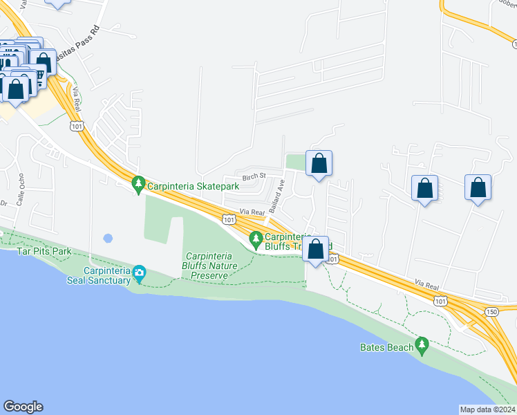 map of restaurants, bars, coffee shops, grocery stores, and more near 5940 Via Real in Carpinteria