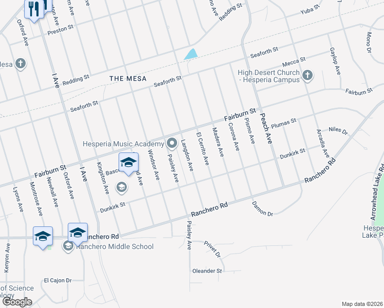 map of restaurants, bars, coffee shops, grocery stores, and more near 7589 Langdon Avenue in Hesperia