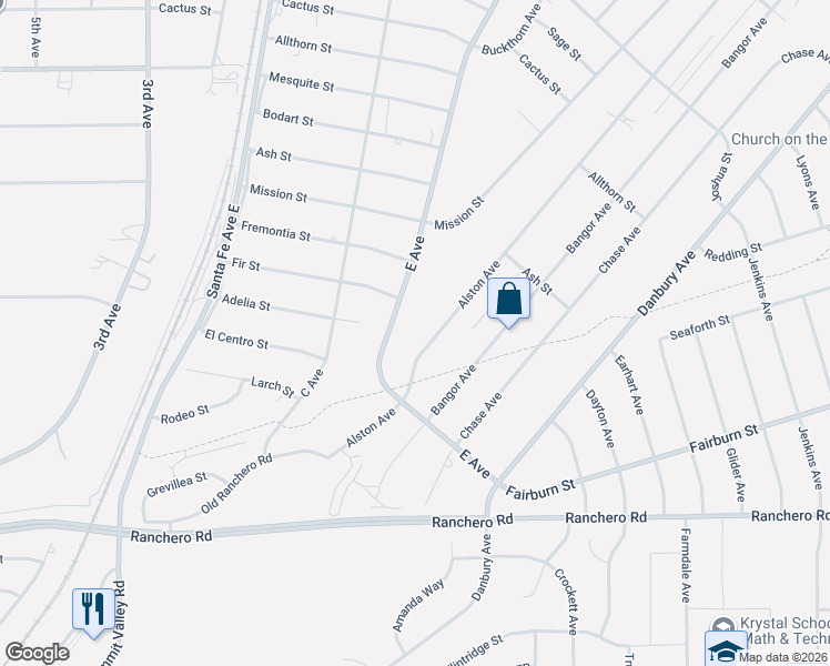 map of restaurants, bars, coffee shops, grocery stores, and more near 7599 Alston Avenue in Hesperia