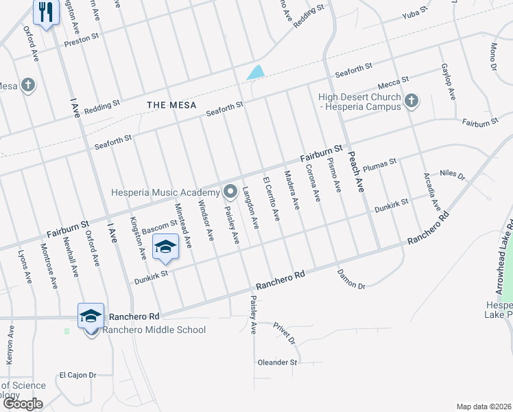 map of restaurants, bars, coffee shops, grocery stores, and more near 7589 Langdon Avenue in Hesperia